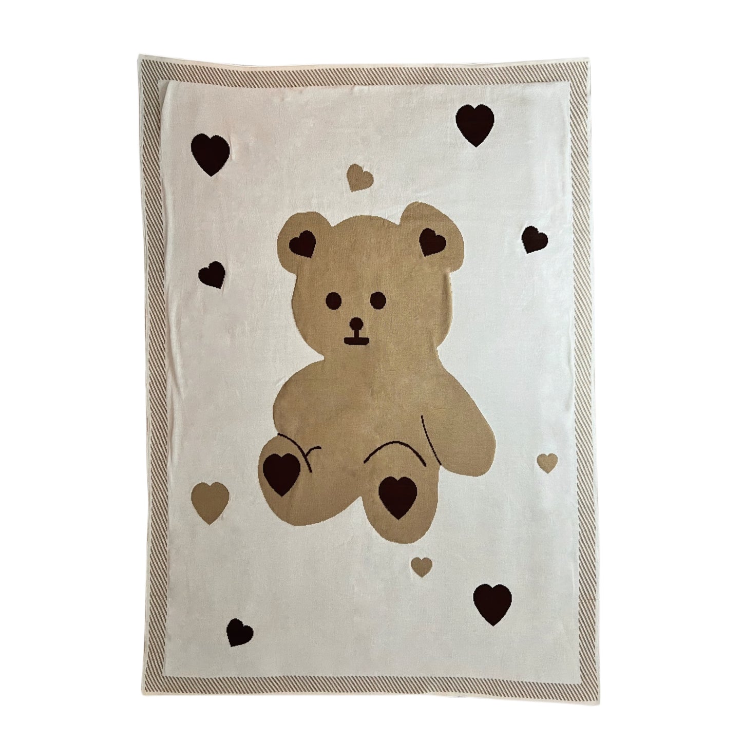 Heartwarming Knitted Baby Blanket with Teddy Bear and Hearts by K Mitchell Collections